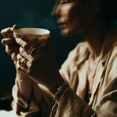 Quiet Luxury Stock Image woman with cup of tea