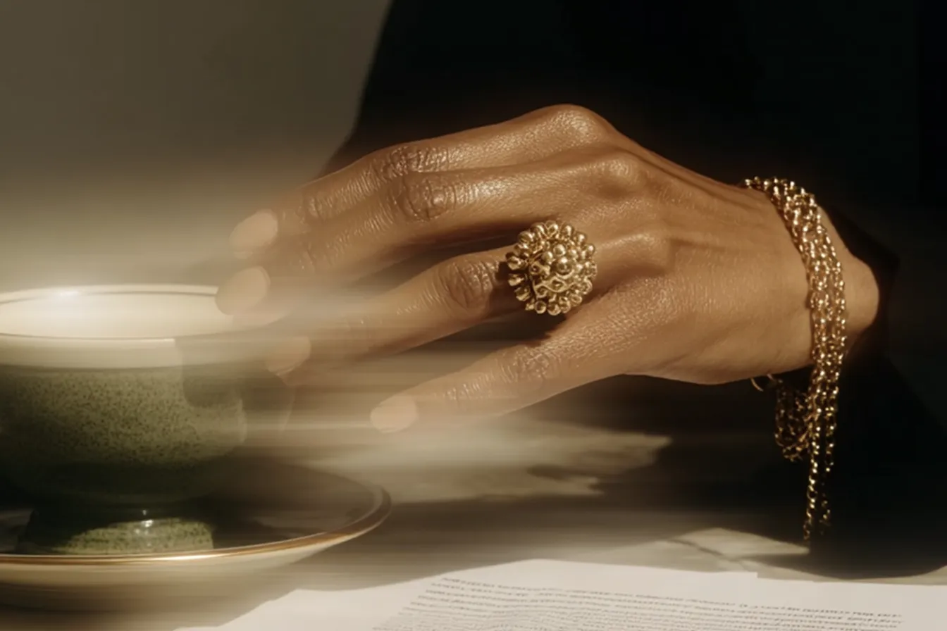Close-up of a hand wearing a gold ring and bracelet beside a ceramic cup, shot with soft blur and warm grainy lighting.