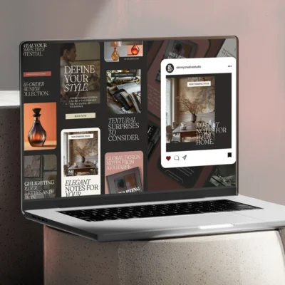 laptop displaying Canva social media templates for creative services