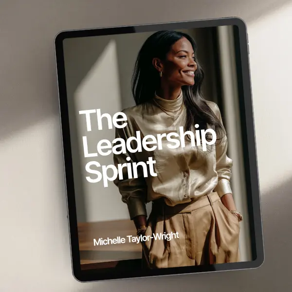 Tablet mockup displaying a book-style cover titled “The Leadership Sprint” with a smiling woman in a satin blouse and tan trousers; author name reads “Michelle Taylor-Wright.”