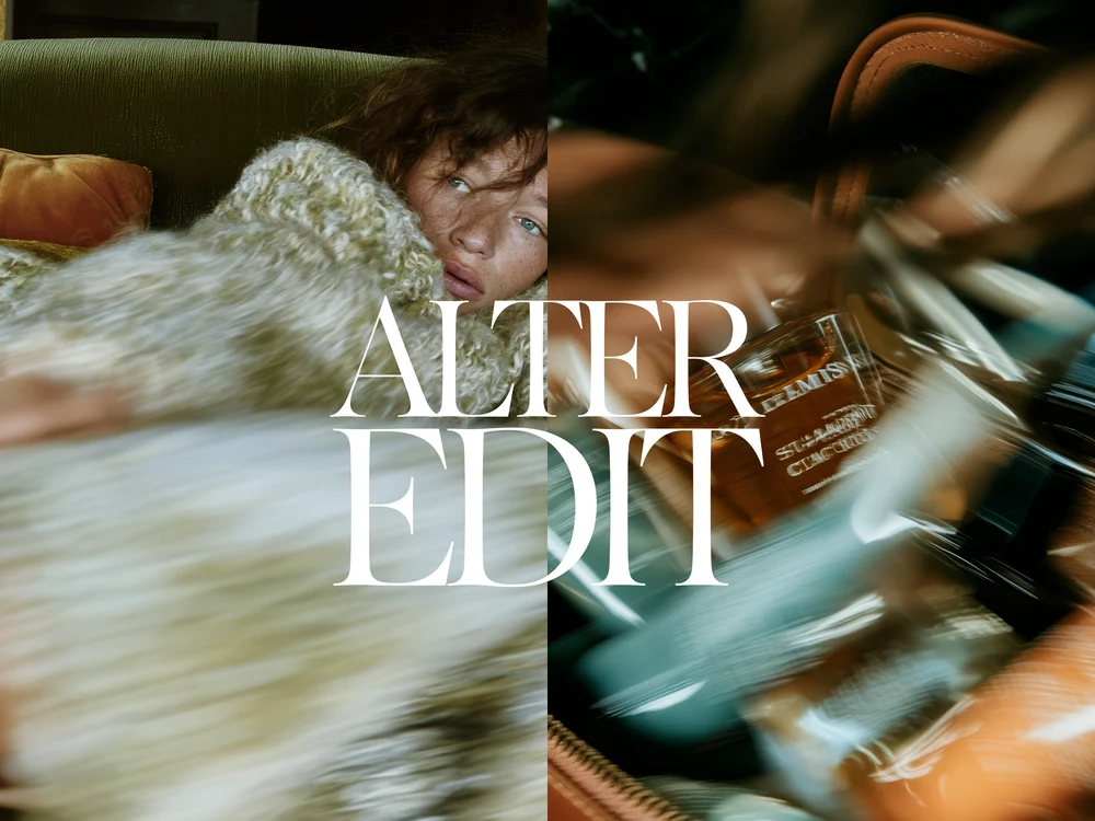 Collage of a woman reclining in a chunky knit and a motion-blurred perfume bottle with Alter Edit lettering.