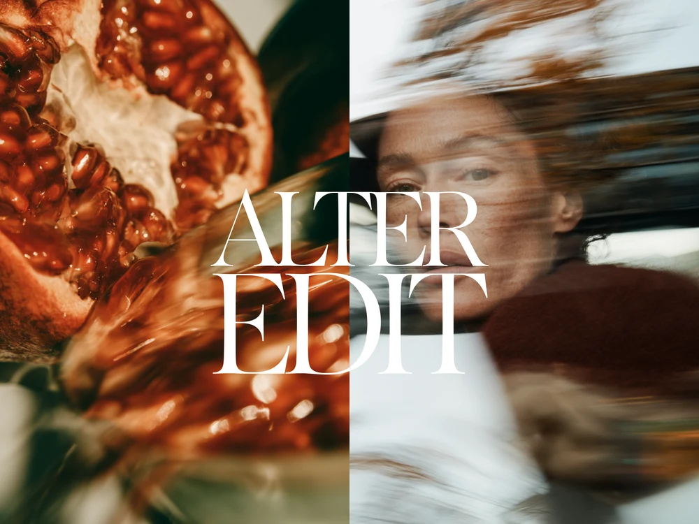 Collage of an open pomegranate and a motion-blurred portrait in russet tones with Alter Edit lettering.