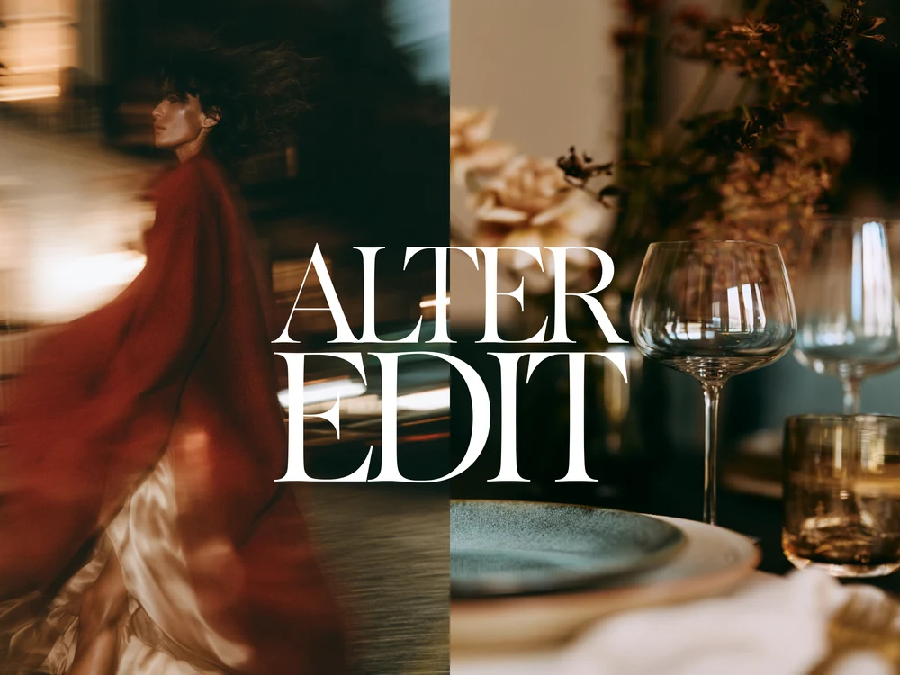Collage of a woman moving in a red sweater and an elegant dining table setting with Alter Edit lettering.