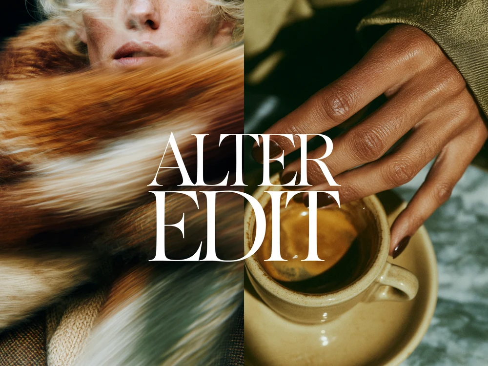 Collage of a woman in a motion-blurred fur scarf and a hand holding a coffee cup with Alter Edit lettering.
