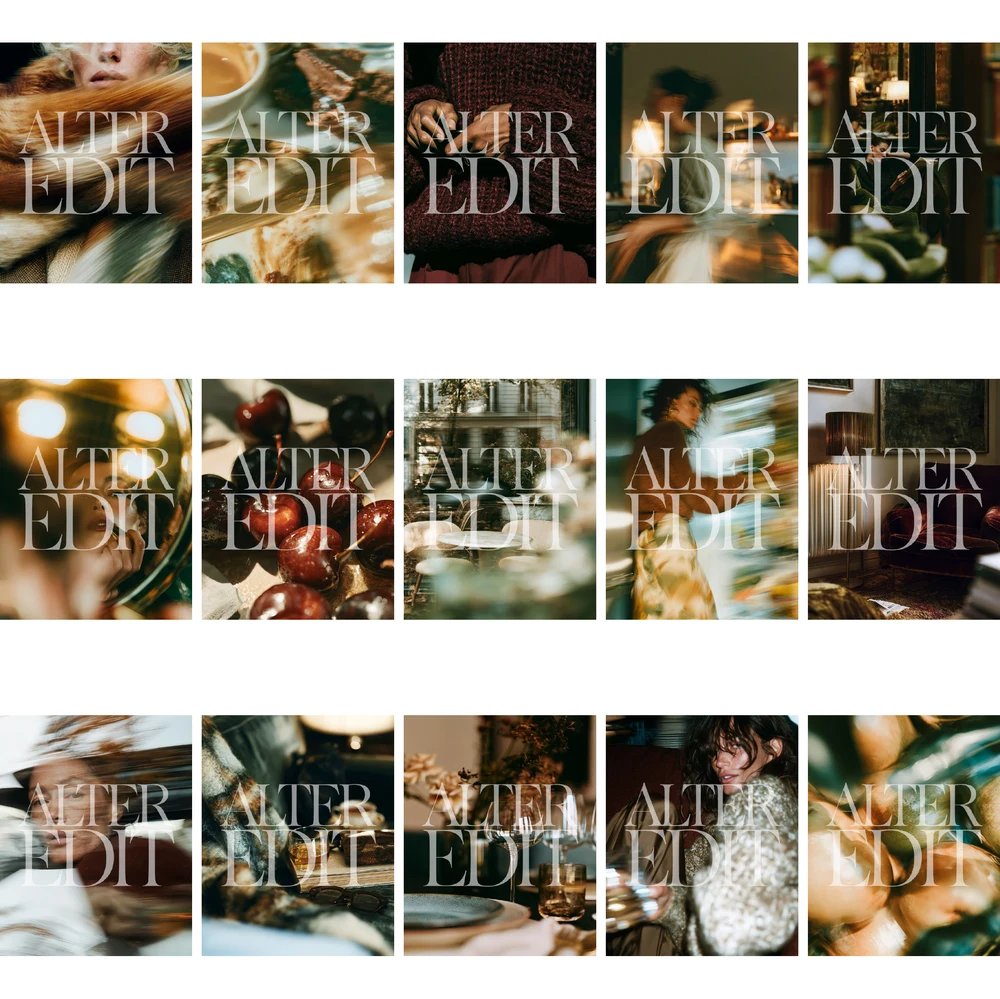 Watermarked contact sheet preview of 15 autumn editorial images featuring burgundy knitwear, cafe details, motion-blurred portraits, cherries and warm interiors.