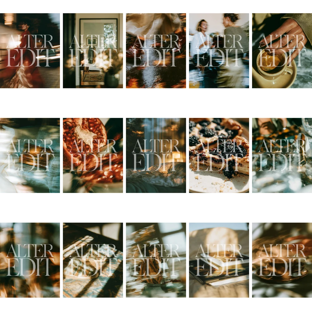 Watermarked contact sheet preview of 15 autumn editorial images featuring rainy reflections, pomegranate, berry tart, perfume, books and softly lit lifestyle scenes.