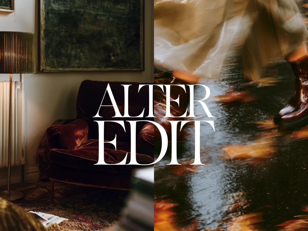 Collage of a burgundy velvet armchair and glossy boots walking through rain with Alter Edit lettering.