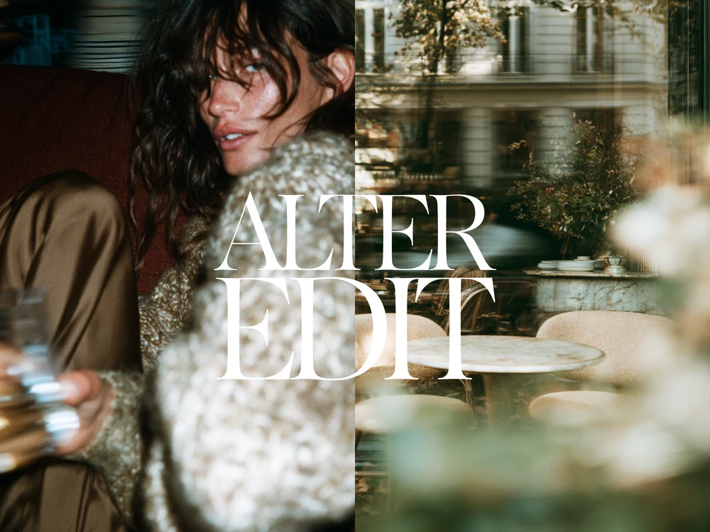 Collage of a woman in a textured knit at a cafe and an empty pavement terrace with Alter Edit lettering.