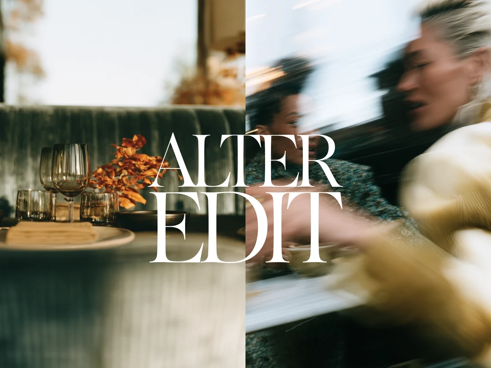 Autumn dinner table with wine glasses and dried foliage paired with a motion-blurred portrait scene.