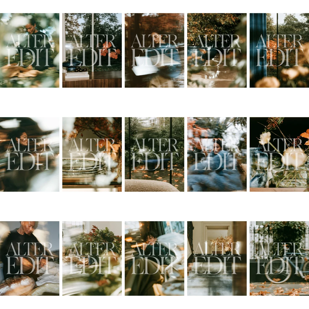 Watermarked contact sheet preview of autumn editorial images featuring blurred portraits, leaves, windows, interiors and table details.
