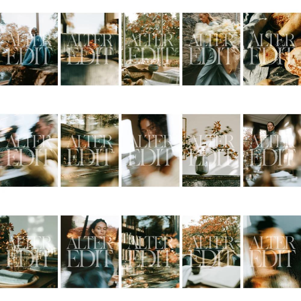 Watermarked contact sheet preview of autumn editorial images featuring seated figures, motion blur, books, flowers, dining details and warm interiors.
