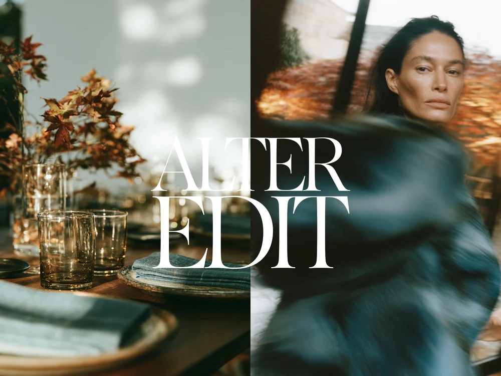 Autumn table setting with glassware and foliage paired with a close portrait framed by warm autumn colour.