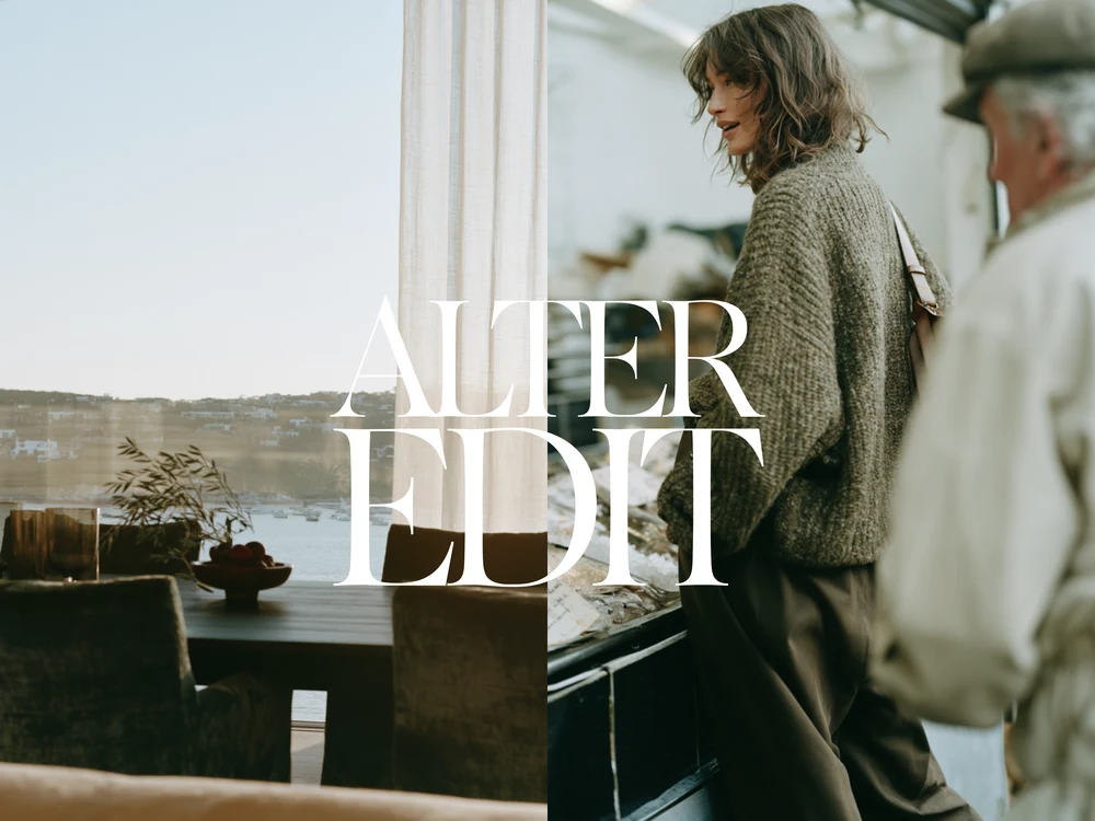 Split coastal scene with a sea-view dining room and a woman in textured knitwear at a market counter.