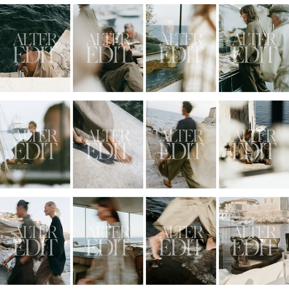 Watermarked contact sheet showing the final 12 relaxed coastal lifestyle images in the collection.