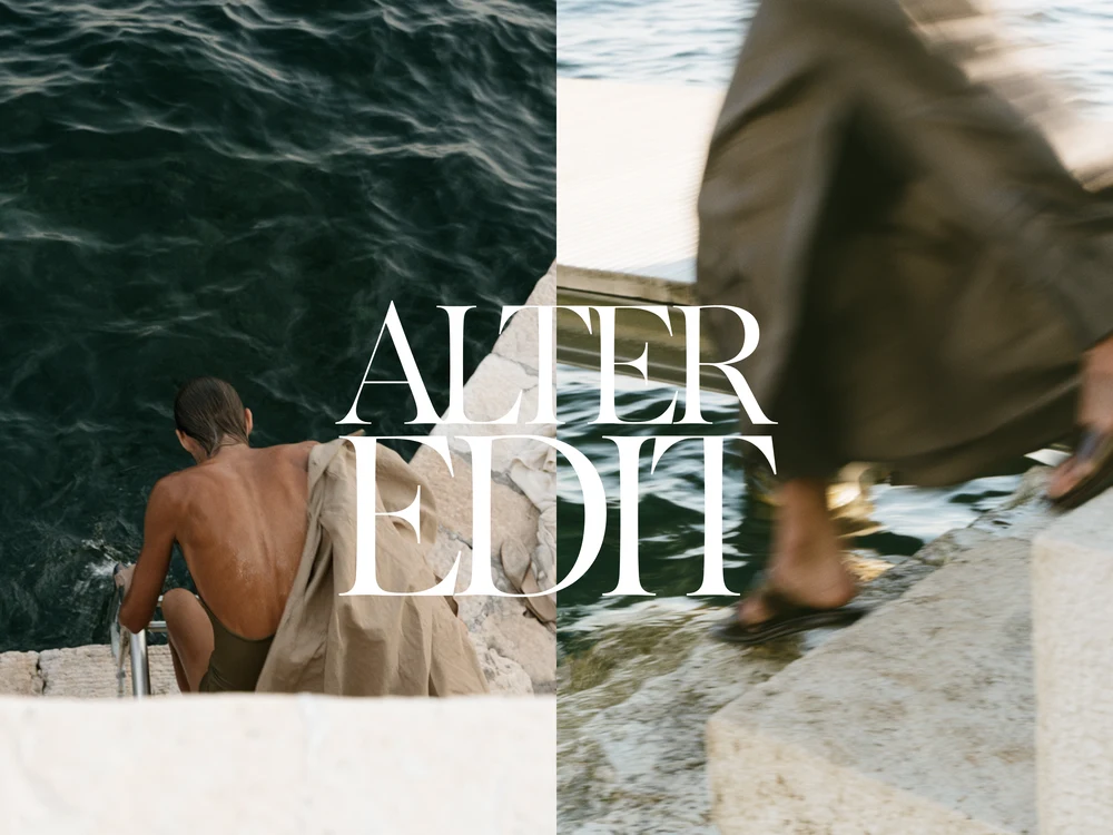 Split coastal scene with a woman descending stone steps and a softly blurred figure walking beside the water.