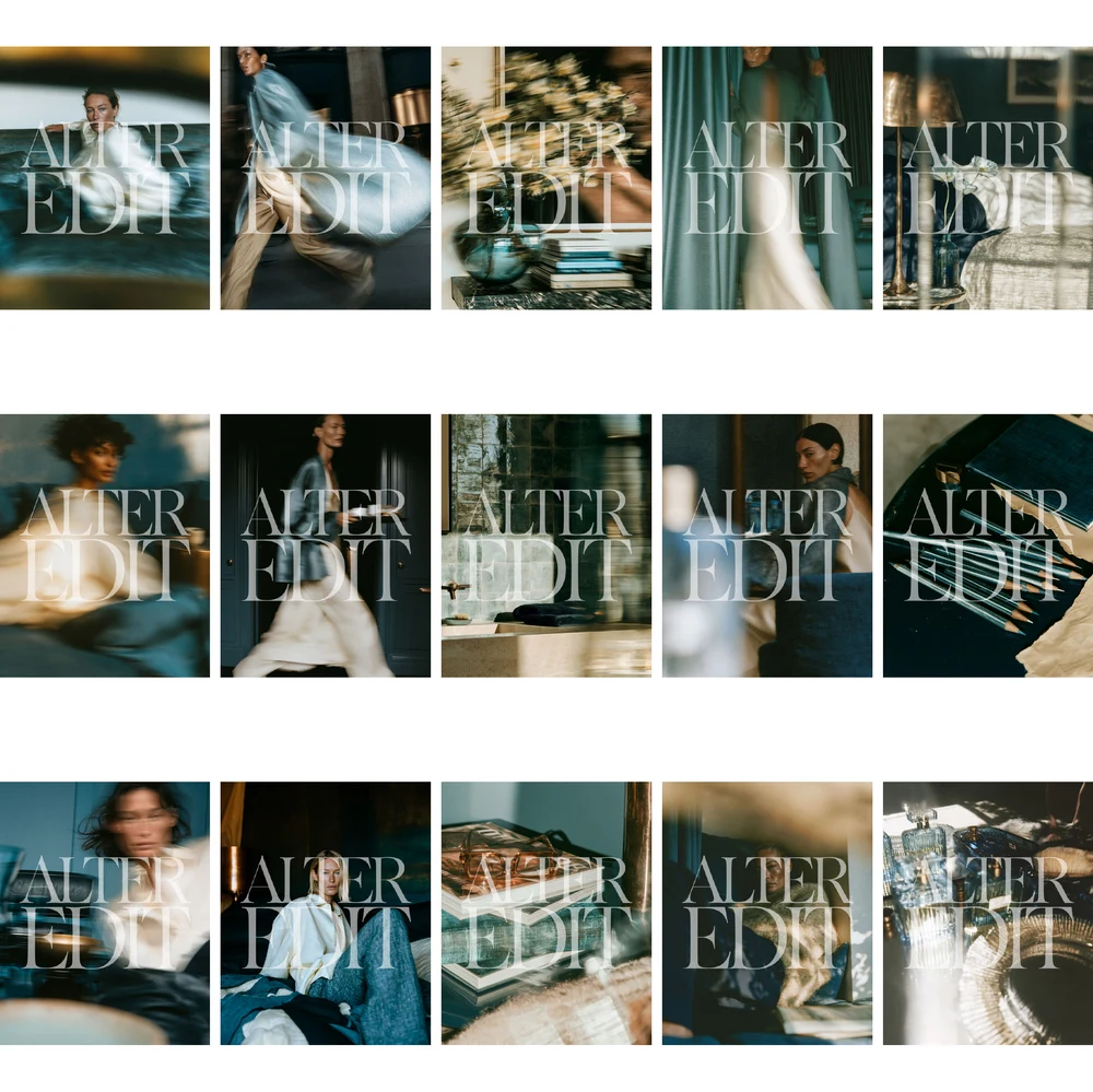 Contact sheet showing fifteen blue editorial stock images with portraits, interiors, books, fragrance and flowers.