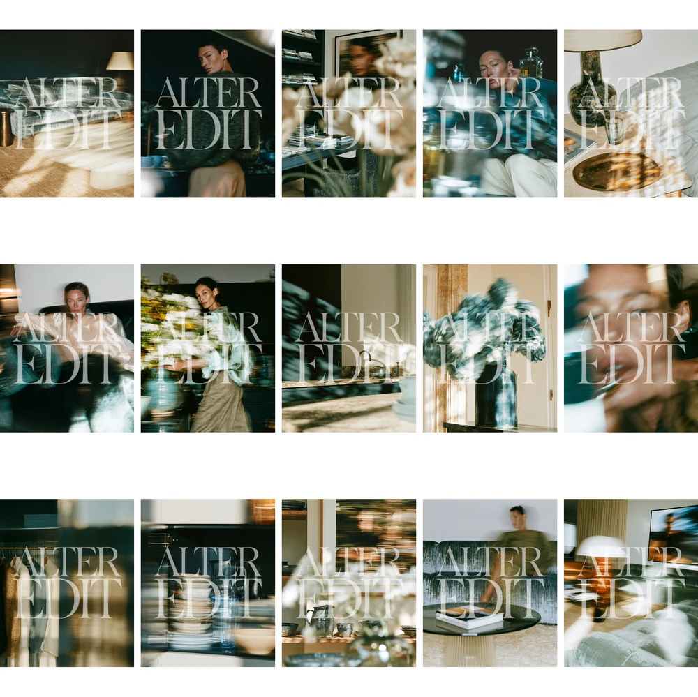 Contact sheet showing fifteen blue editorial stock images with portraits, interiors, flowers, glassware and sculptural lighting.