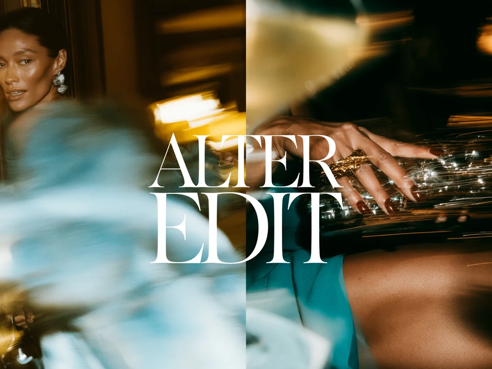 Split editorial scene with a blue dress in motion and a hand resting on a jewelled evening bag.