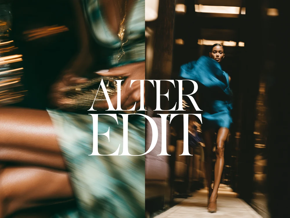 Split editorial scene with a green satin dress detail and a woman in blue eveningwear.