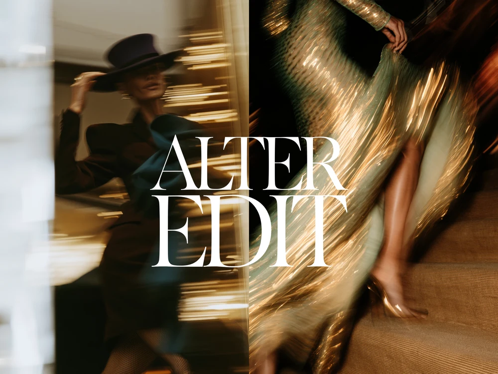 Split editorial scene with a woman in a wide-brimmed hat and a flowing gold evening dress.