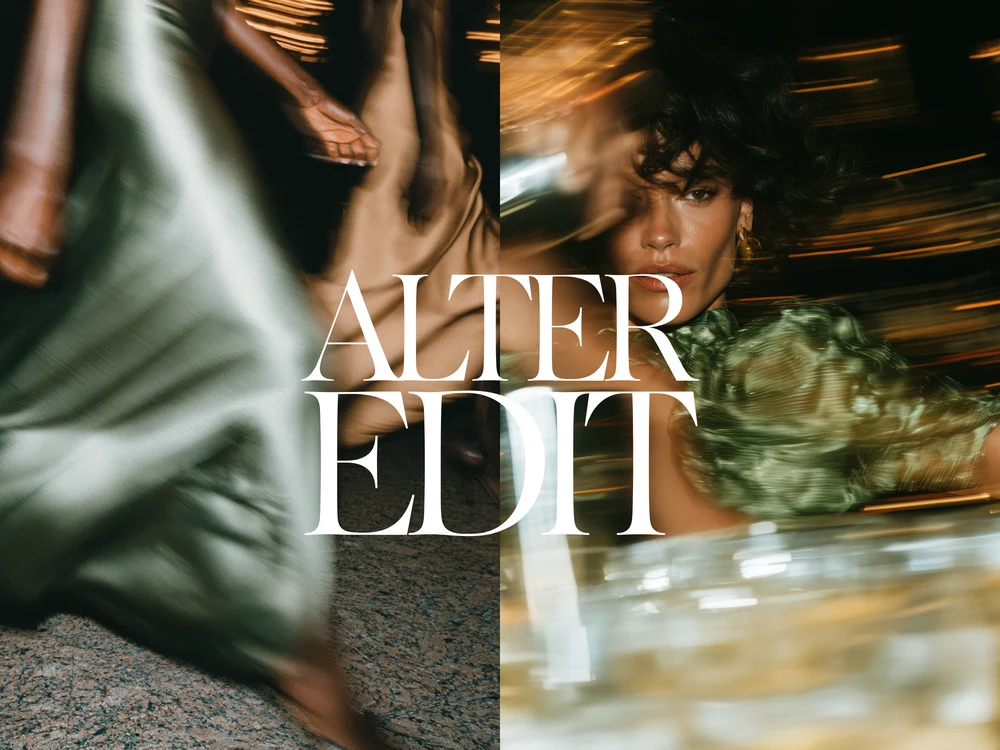 Split editorial scene with a flowing silver dress and a woman seated at an evening table.