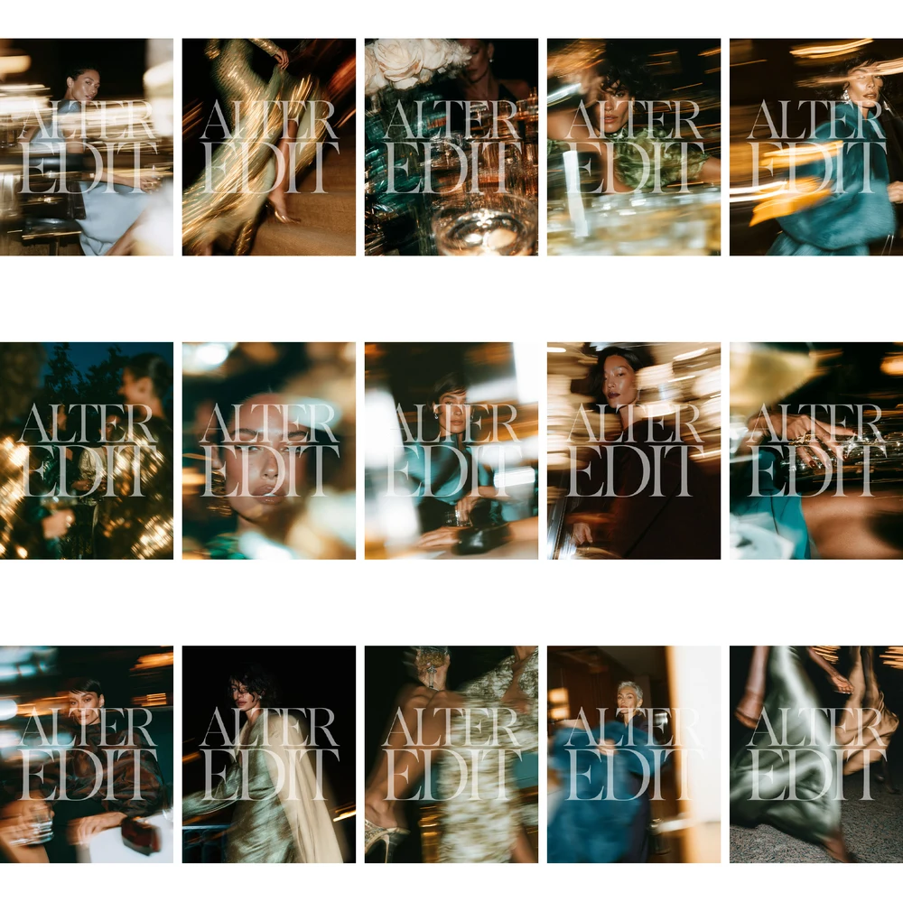 Watermarked contact sheet showing the first 15 cinematic evening editorial images in the collection.