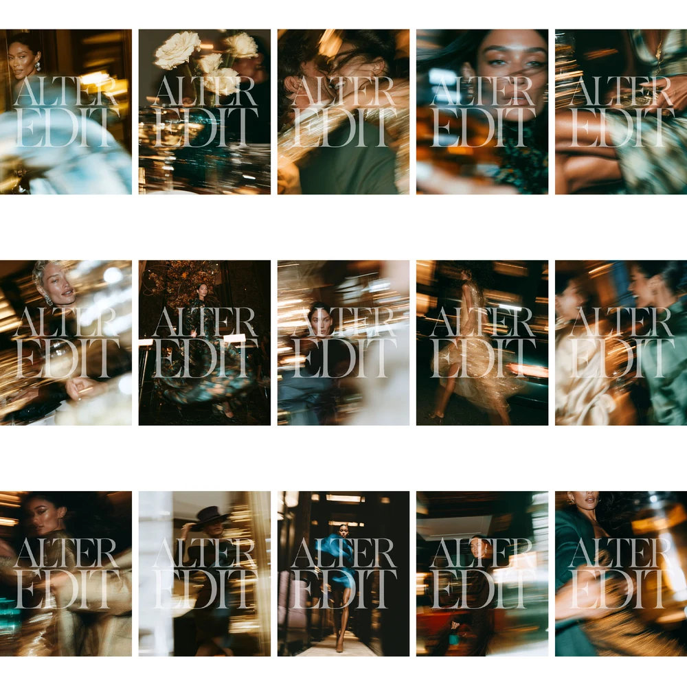 Watermarked contact sheet showing the final 15 cinematic evening editorial images in the collection.
