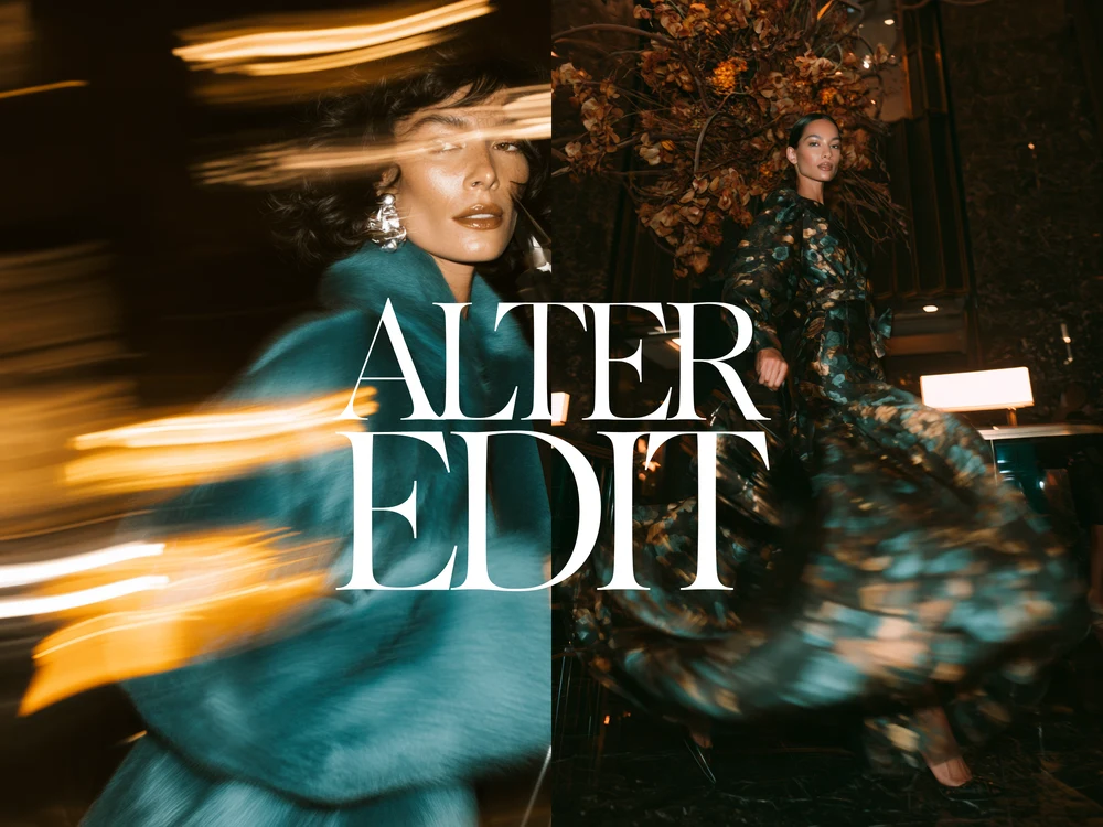 Split editorial scene with a woman in teal and a seated woman in a dark floral dress.