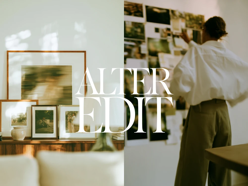 Split editorial scene with framed artwork and a woman arranging an inspiration wall.