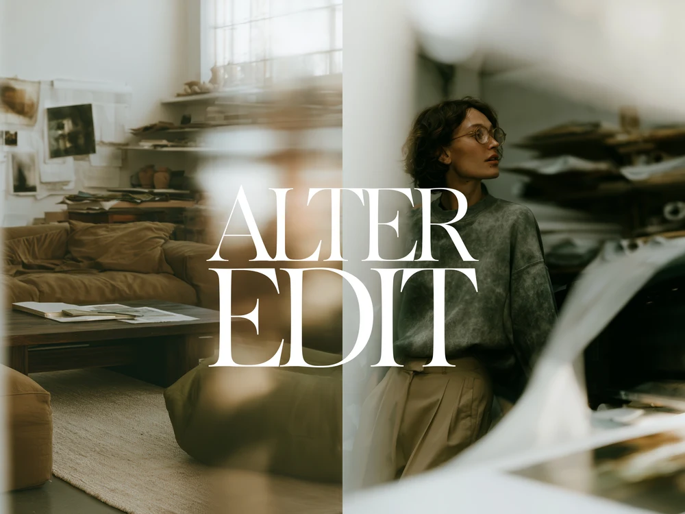Split editorial scene showing a neutral home studio and a woman beside clothing racks.