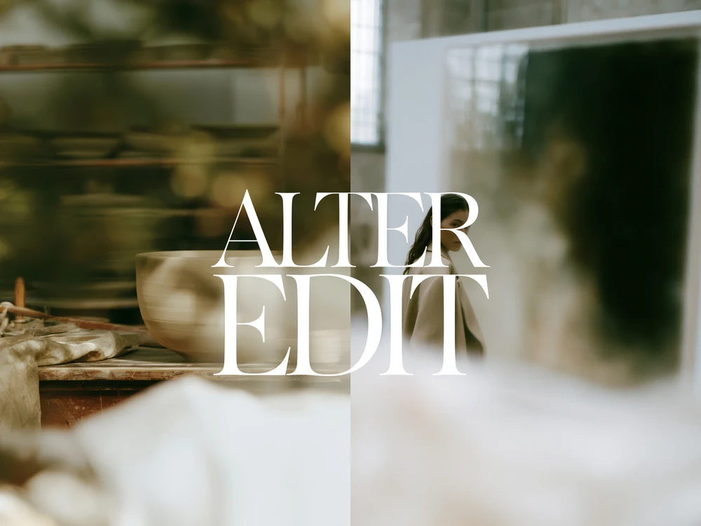 Split editorial scene with a ceramic bowl, a blurred portrait and a woman reflected in glass.