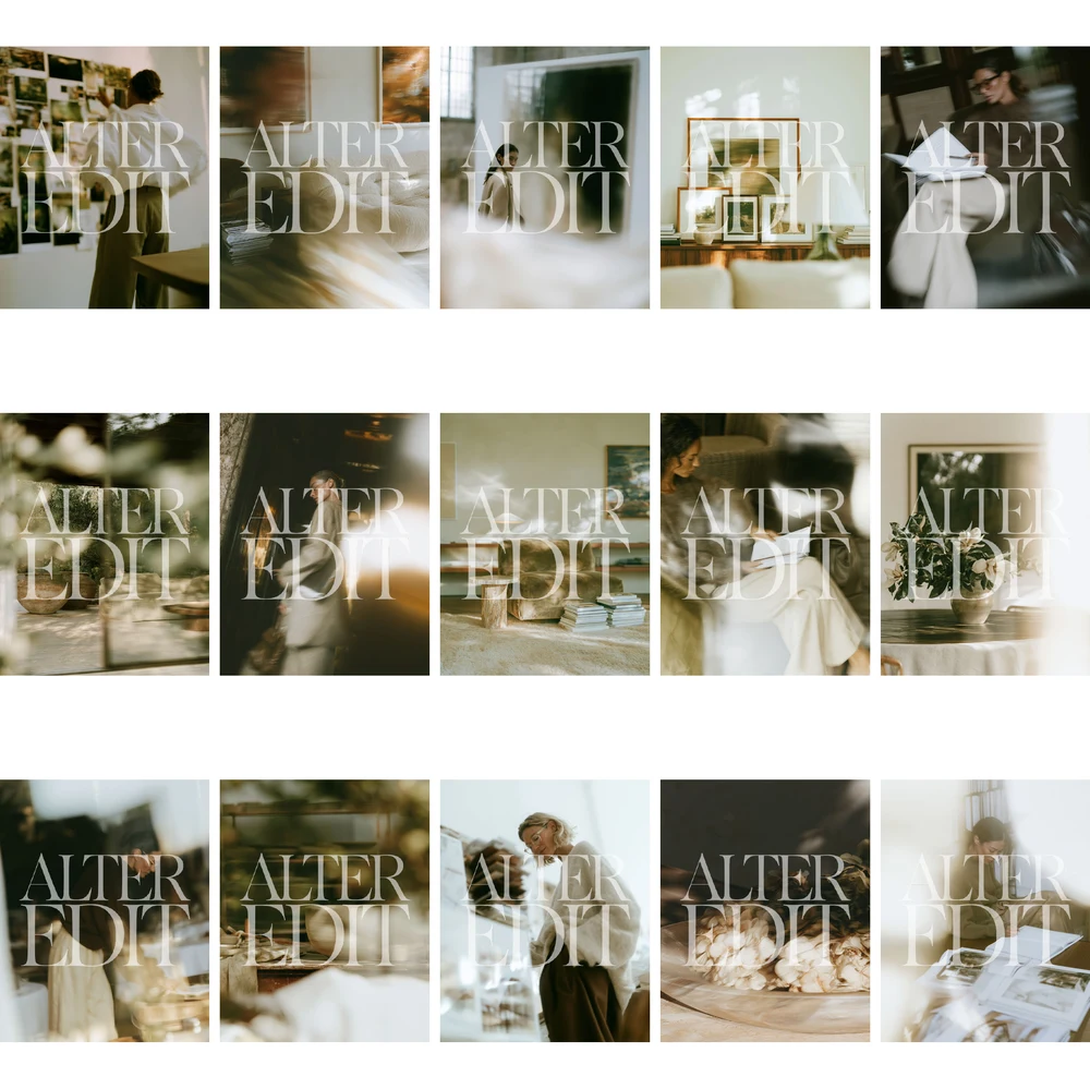Watermarked contact sheet showing the first 15 warm neutral editorial images in the collection.