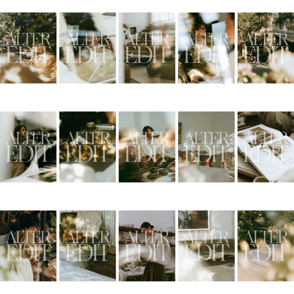 Watermarked contact sheet showing the final 15 warm neutral editorial images in the collection.