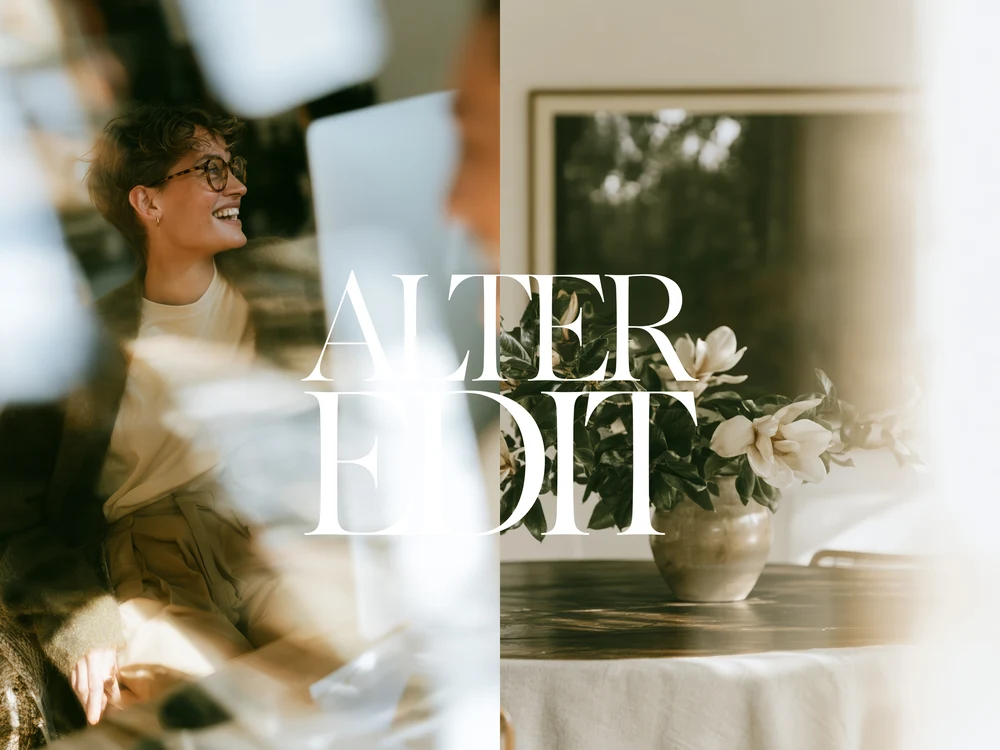 Split editorial scene with a smiling seated woman and white flowers on a table.