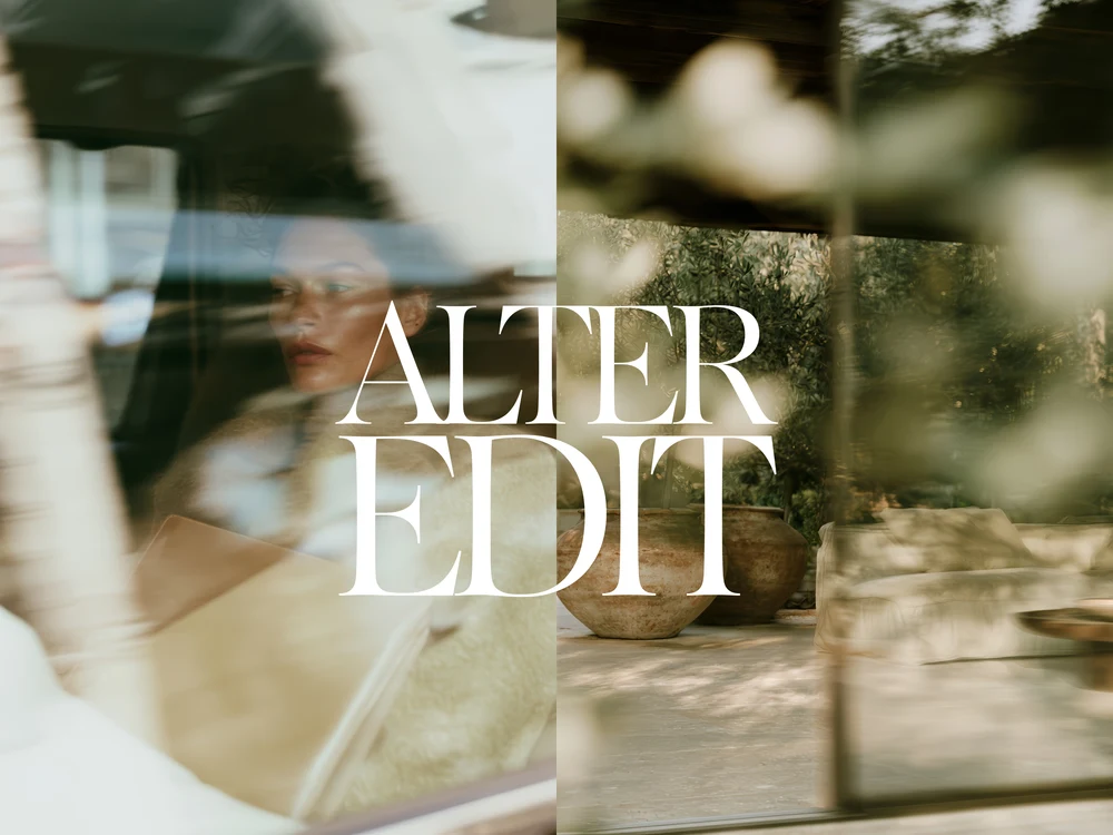 Split editorial scene showing a woman through glass and a softly focused garden table.