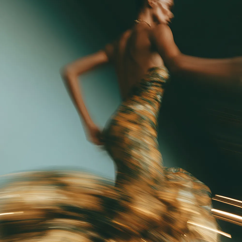 woman in evening gown motion blur,