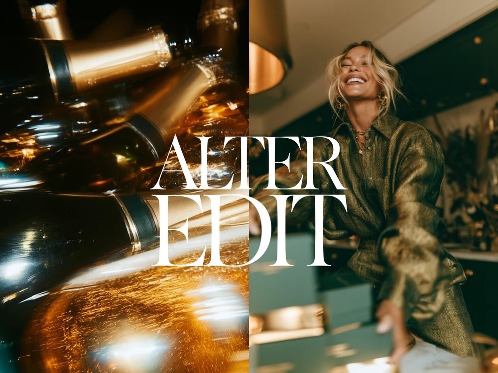 Split festive scene with champagne bottles and a smiling woman in metallic eveningwear.