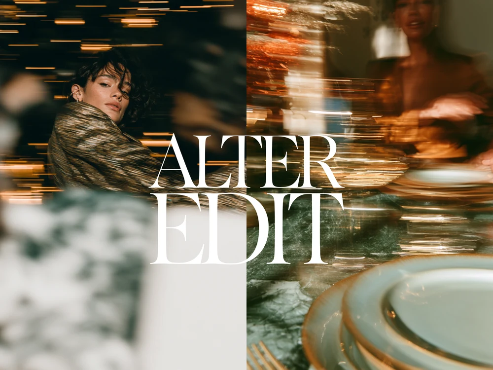 Split festive scene with a woman in patterned eveningwear and a motion-blurred table setting.