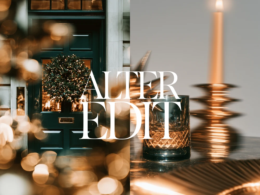 Split festive scene with a wreath on a dark front door and a candlelit metallic still life.