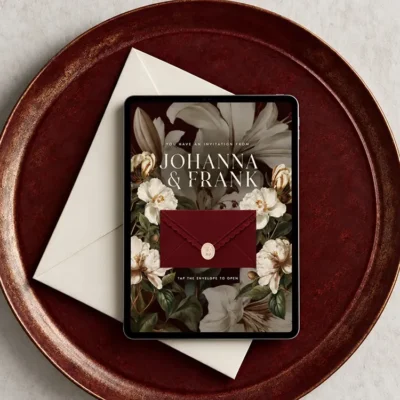 Floral burgundy and ivory Canva wedding website template displayed on a tablet with an ivory envelope and burgundy tray