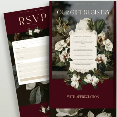 Burgundy and ivory wedding website RSVP and gift registry pages featuring romantic floral illustrations