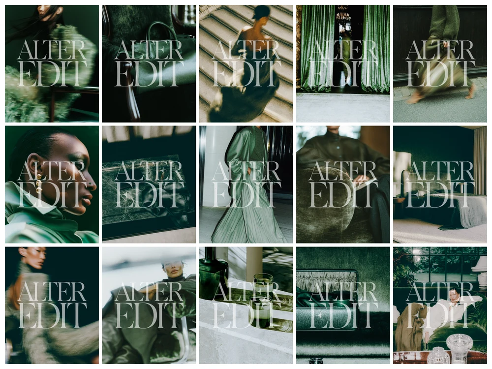 Watermarked grid of 15 green editorial stock images showing fashion in motion, leather accessories, green interiors and glassware.