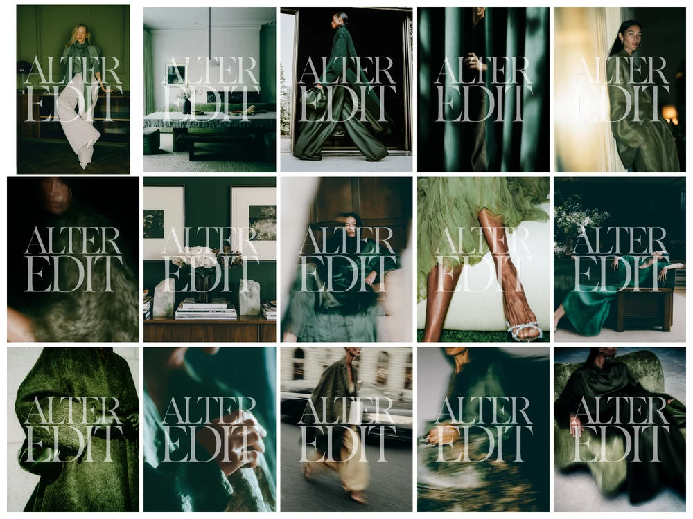 Watermarked grid of 15 green editorial stock images showing tailored outfits, sage fabric, velvet seating, flowers and fashion portraits.