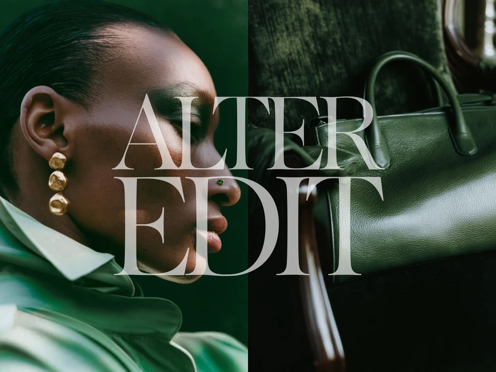 Split composition of a beauty portrait with green eye makeup and gold earrings, beside a green leather handbag, with an Alter Edit wordmark.