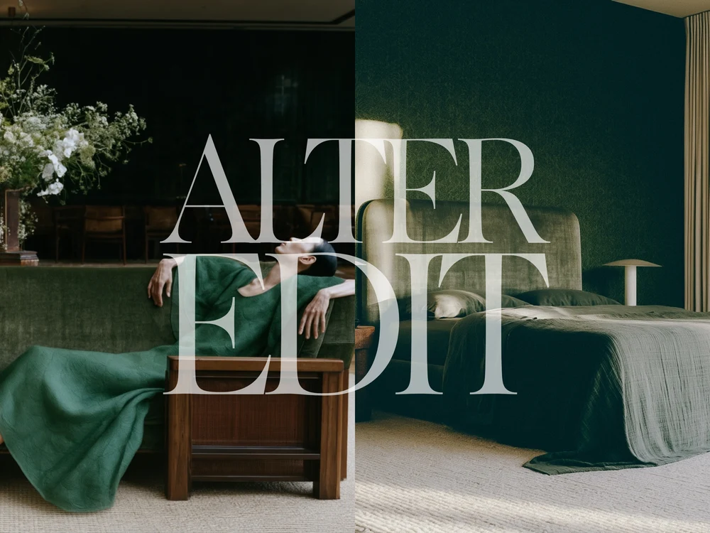 Split composition of a reclining figure in a green dress and a bedroom with green walls and bedding, with an Alter Edit wordmark.