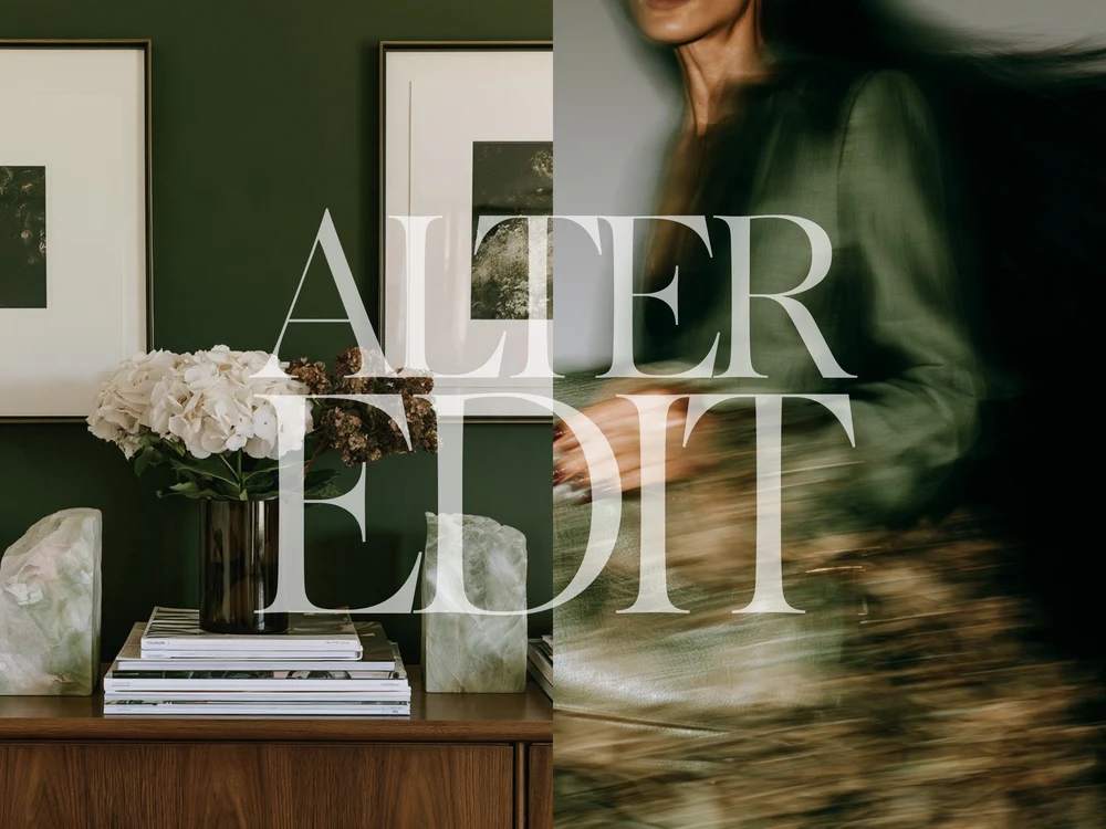 Split composition of white flowers and framed art against a green wall, beside a blurred figure in a green blouse, with an Alter Edit wordmark.