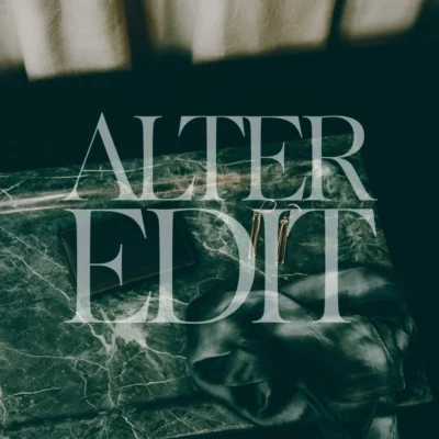 Green marble surface with a dark leather accessory, gold earrings and soft fabric beneath an Alter Edit wordmark.