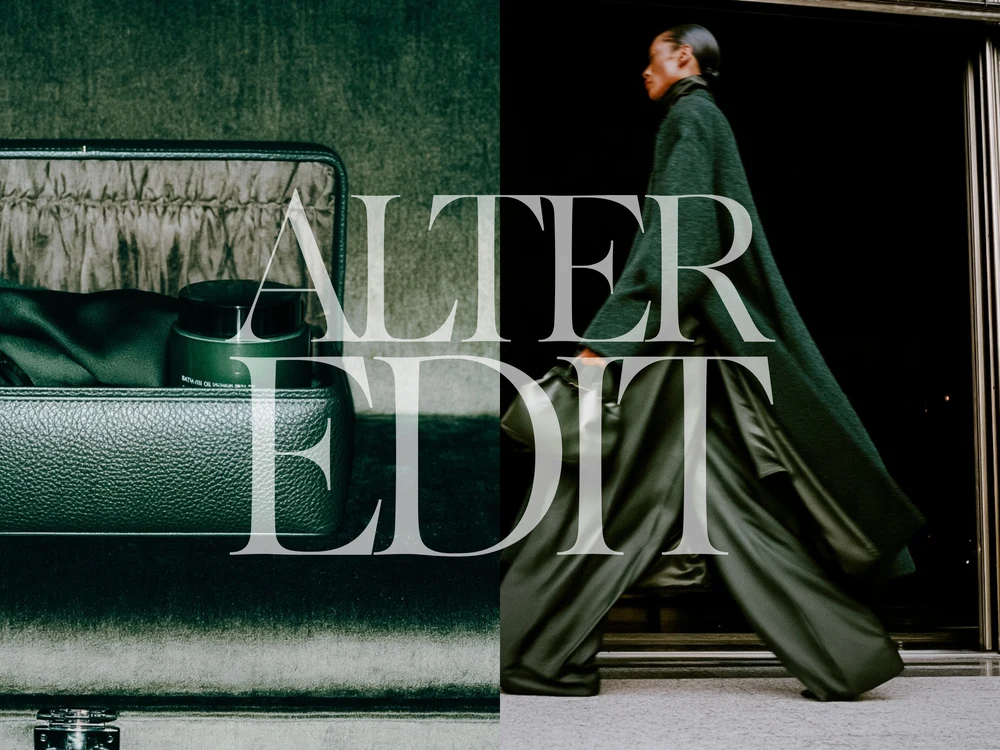 Split composition of an open green leather vanity case and a figure walking in green tailoring, with an Alter Edit wordmark.