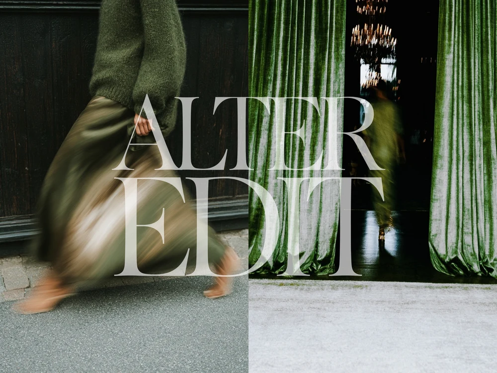 Split composition of a moving olive skirt and a figure passing through tall green velvet curtains, with an Alter Edit wordmark.