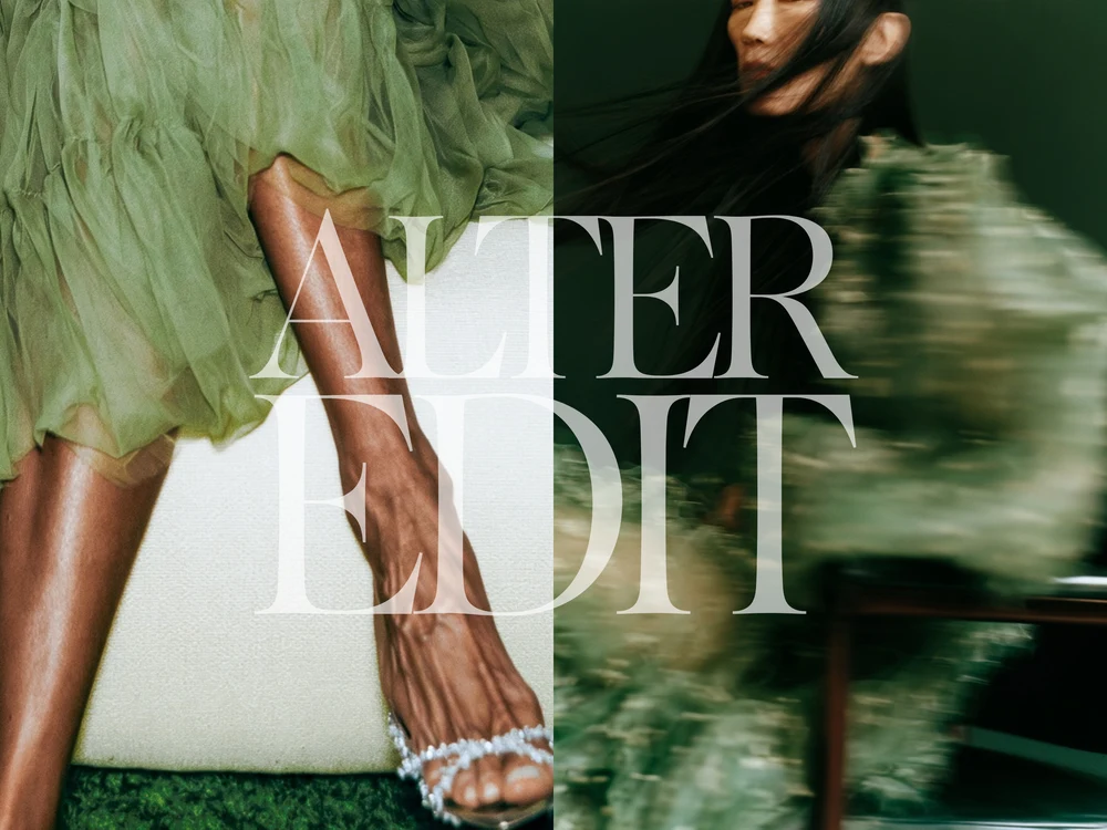 Split composition of a sheer sage dress with embellished heels and a figure in motion wearing textured green clothing, with an Alter Edit wordmark.